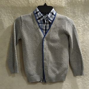 Frenchi Blue Check Button Down Shirt and Grey Cardigan with Blue Accent